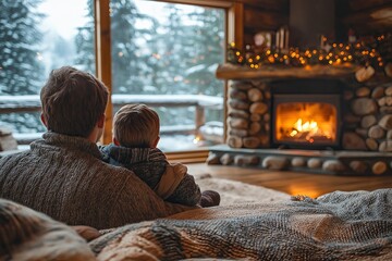 Cozy Winter Cabin Scene with Father and Son by Fireplace