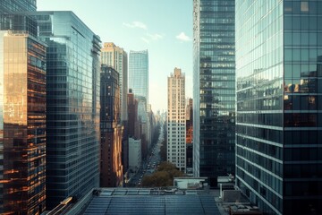 An urban scene showcasing a busy city street lined with skyscrapers, bathed in vibrant light, capturing the hustle and bustle of city life and modern architecture.