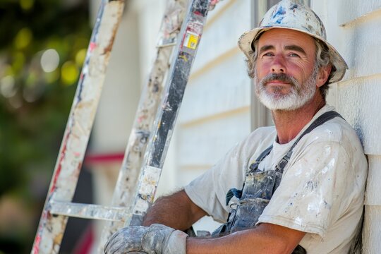 An elderly painter with a kind face takes a break, leaning on a ladder, his clothes speckled with paint, representing dedication and creative spirit in his craft. - Powered by Adobe