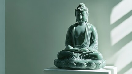 Green Buddha Statue on Pedestal in Soft Light