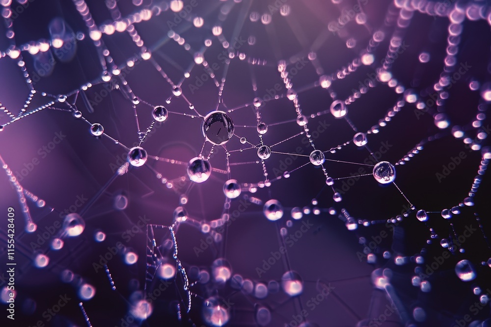 Poster web glistens with morning dew, showcasing intricate natural design and delicate drops in soft light 