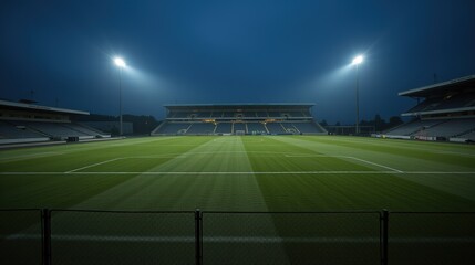 Illuminated football stadium at night with green field.