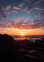 Breathtaking coastal sunset, dramatic sky with vibrant orange and pink clouds, silhouette of rocky terrain, golden sun peeking over horizon, tranquil ocean view, atmospheric landscape, golden hour pho