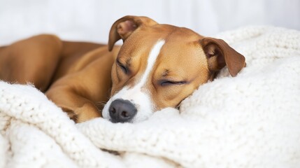 Cute Brown Dog Sleeping Peacefully on Cozy White Blanket : Generative AI