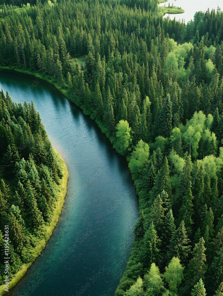 Poster Pristine River Winding Through Dense Pine Forest in Majestic Wilderness : Generative AI
