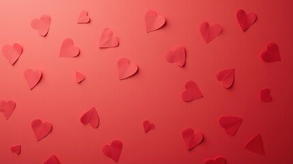 Red background with scattered paper hearts for Valentine's Day.