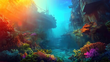 A vibrant underwater cityscape features colorful marine life thriving amidst eerie sunken urban ruins, creating a stunning juxtaposition of nature and humanity.