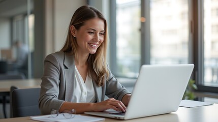 Smiling businesswoman working on laptop in bright office.