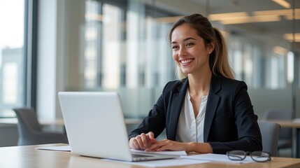 Smiling businesswoman working on laptop in bright office.