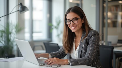 Smiling businesswoman working on laptop in bright office.