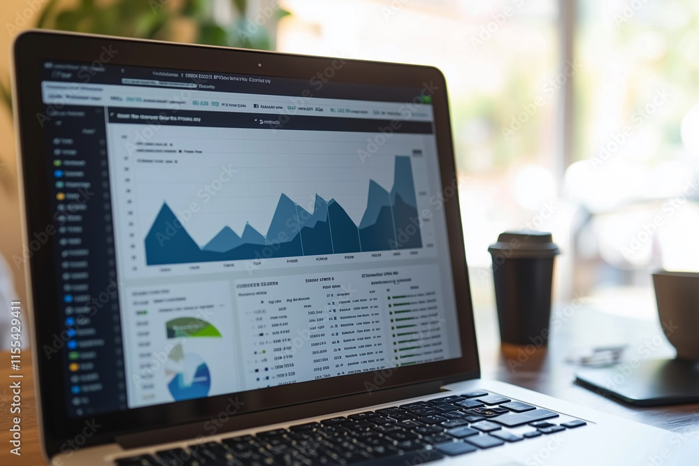 Poster woman is looking at a computer monitor with a graph on it. the graph shows a downward trend, which c
