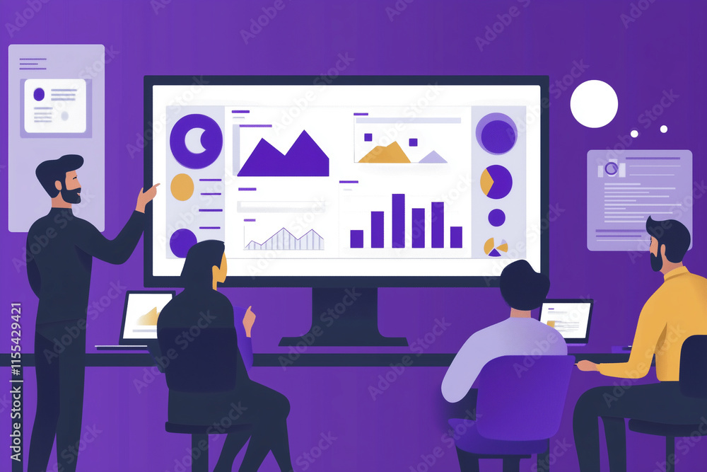 Poster group of people are gathered around a large monitor, with one man pointing at the screen. concept of