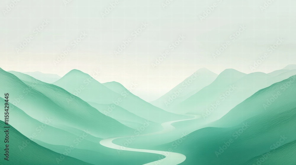 Poster winding river flows through serene minimalist mountain range with ample space for text or design ele
