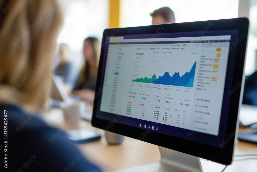 Poster woman is looking at a computer monitor with a graph on it. the graph shows a downward trend, which c