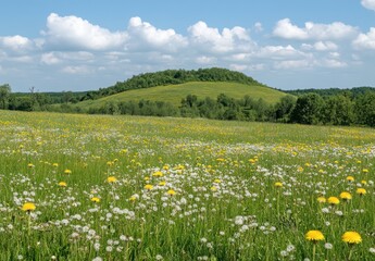 Scenic Summer Meadow with Vibrant Dandelions, Lush Grass, and Rolling Hills Under a Bright Blue Sky with Fluffy Clouds