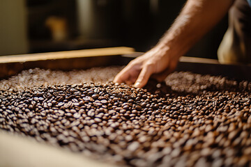 hand is reaching into a pile of coffee beans. The beans are scattered all over the table, and the hand is trying to pick them up. Concept of curiosity and exploration