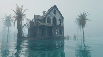 Abandoned mansion in flooded landscape, surrounded by palm trees in a misty, eerie atmosphere.
