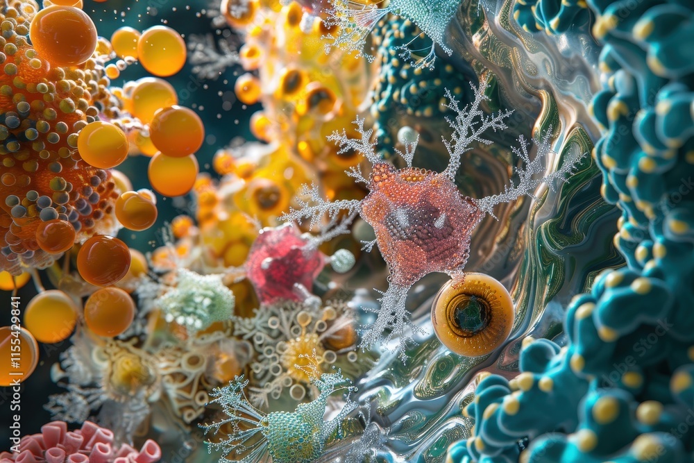Poster Microscopic view reveals vibrant details of cellular structures and pathogens in a dynamic biological environment