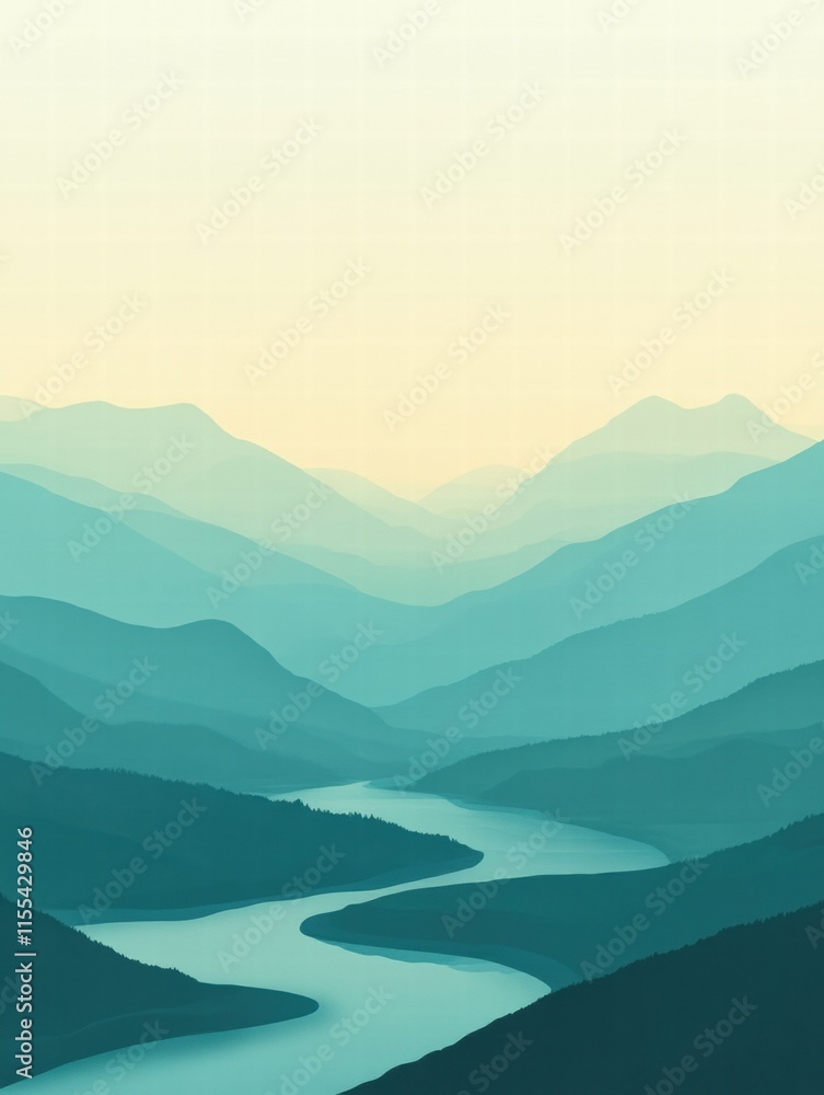 Poster winding river flows through tranquil mountain range at dawn presenting a serene landscape perfect fo