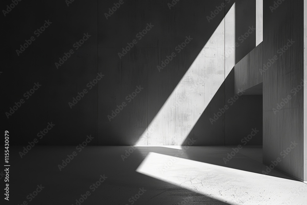 Poster Shadows create geometric patterns on a textured wall in black and white during the afternoon
