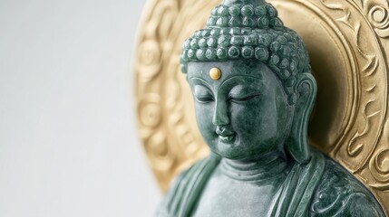 Sacred Jade Buddha Statue with Golden Halo Detail