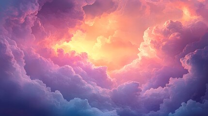 Colorful dreamy clouds in a cotton candy sky, vibrant pastel colors, soft fluffy formations, rainbow gradient atmosphere, ethereal cloudscape, turquoise and pink hues, surreal background.