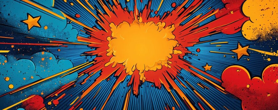 Vibrant comic book explosion on a dynamic blue background