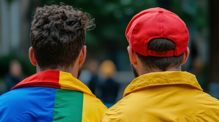 Naklejka premium Two Men Viewed from Behind, One Wearing a Rainbow-Colored Jacket, the Other a Red Baseball Cap