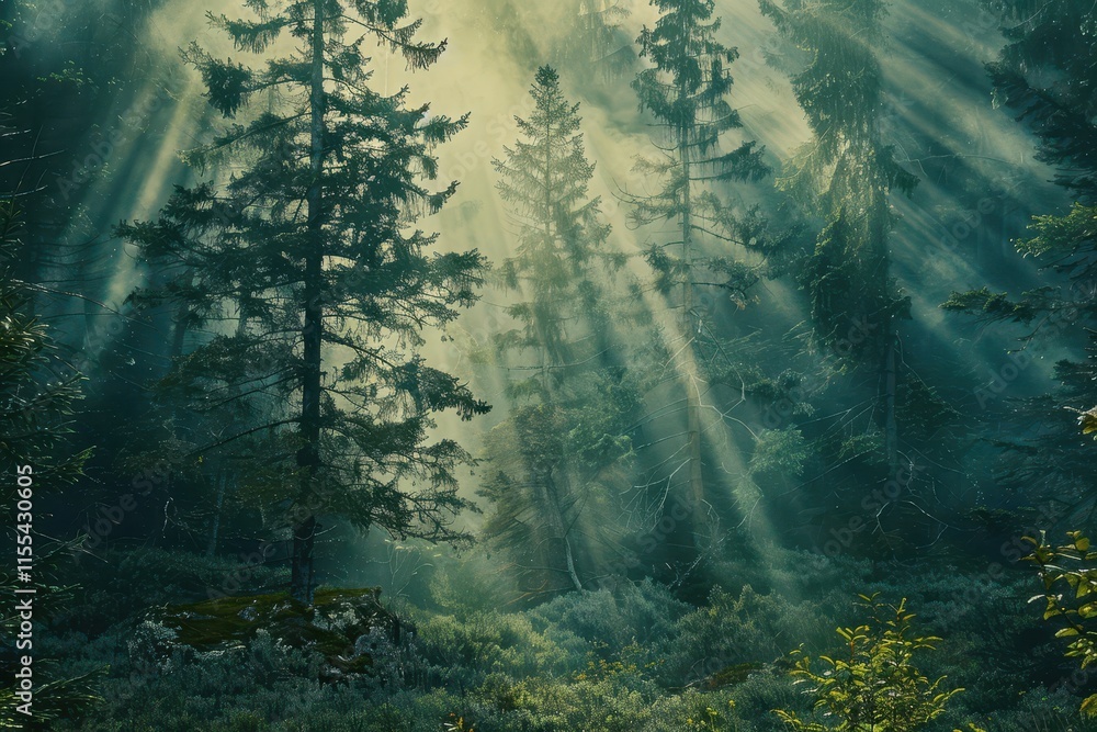 Aufkleber sunlight filters through the trees in a misty forest creating a magical atmosphere at dawn