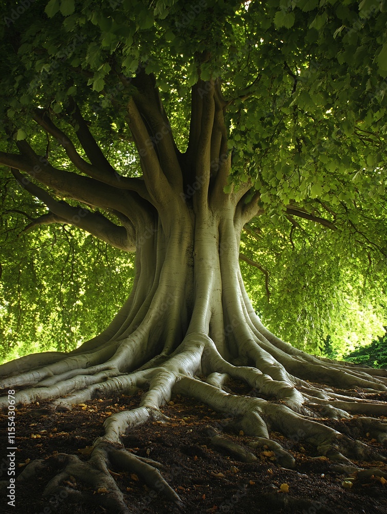 Poster Majestic Ancient Tree with Lush Green Leaves and Wide Sprawling Roots in a Serene Forest Setting : Generative AI