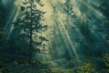 Sunlight filters through the trees in a misty forest creating a magical atmosphere at dawn