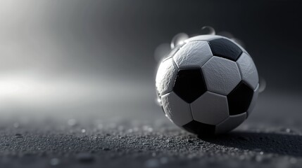 Fototapeta premium Soccer ball on dark reflective surface with dramatic lighting.
