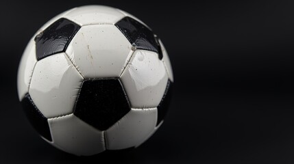 Soccer ball on dark reflective surface with dramatic lighting.