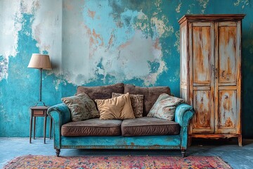 Modern living room interior design, cozy home with rusty sofa with blue mockup, wooden cabinet.