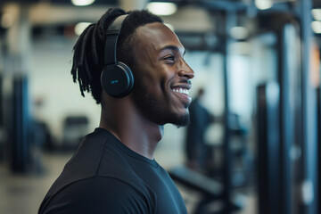 Fototapeta premium man wearing headphones and smiling. The headphones are black and have the letters OQ on them