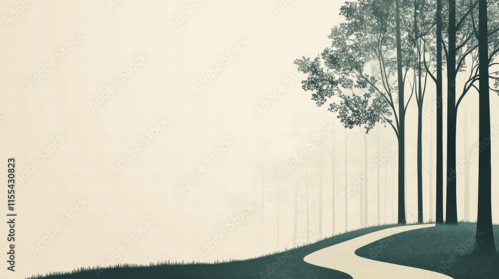 Poster winding forest path draws the eye into the serene distance with minimalist elegance. generative ai
