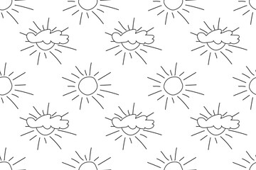 Minimalistic black and white seamless pattern featuring hand-drawn suns and clouds for creative projects.