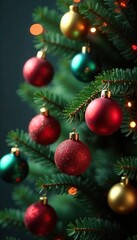 Fototapeta premium A group of small glass Christmas balls scattered around a branch on the tree, colorful, celebration