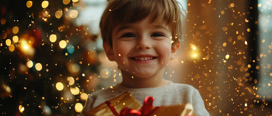 Happy little boy, kid, with gift at a colorful children's party. Joyful smiles, decorations,confetti,lights, bokeh.Festive atmosphere perfect for birthdays, Christmas celebrations. Generative ai