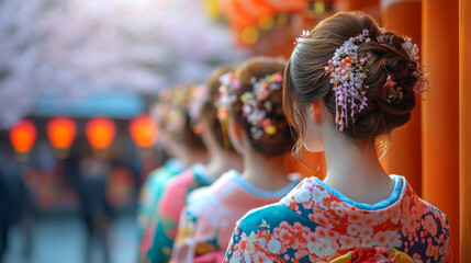 Young women in colorful kimonos participate in a cultural celebration during Coming of Age Day, surrounded by blooming cherry blossoms and festive decorations