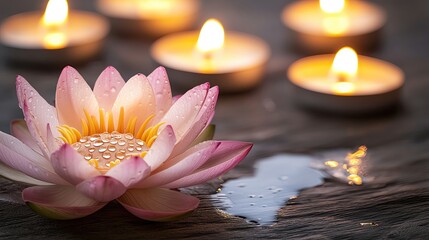 Buddhist Devotees Celebrating Magha Puja Traditions captured in macro photography, focusing on the soft glow of a lotus flower with dew drops reflecting the warm light of surrounding candles