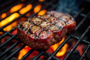 A high angle shot of sizzling flame under the steel grating where the beef steak is being cooked, metal, grill marks