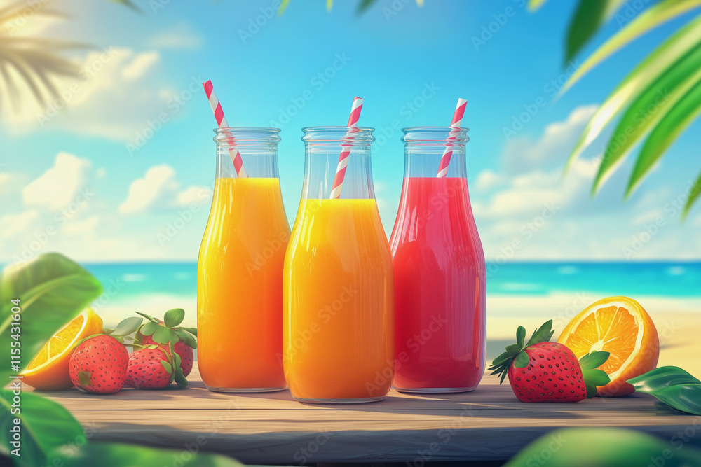 Poster three different colored juice bottles with straws in them are on a table next to a bowl of strawberr