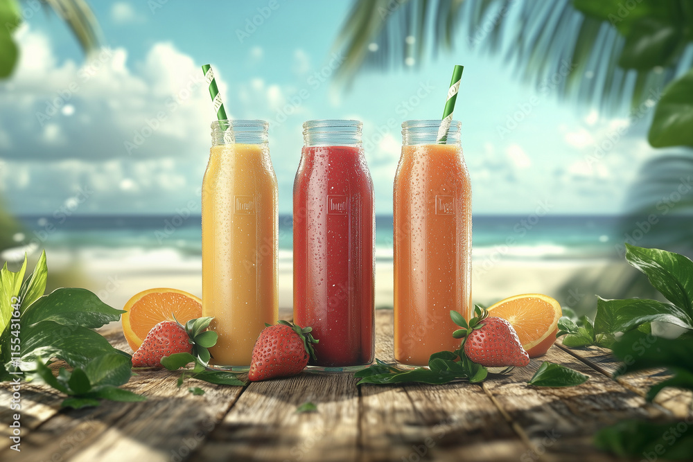 Poster three different colored juice bottles with straws in them are on a table next to a bowl of strawberr