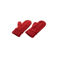 Red knitted winter mittens closeup made rom thick yarn isolated on transparent and white background 
 