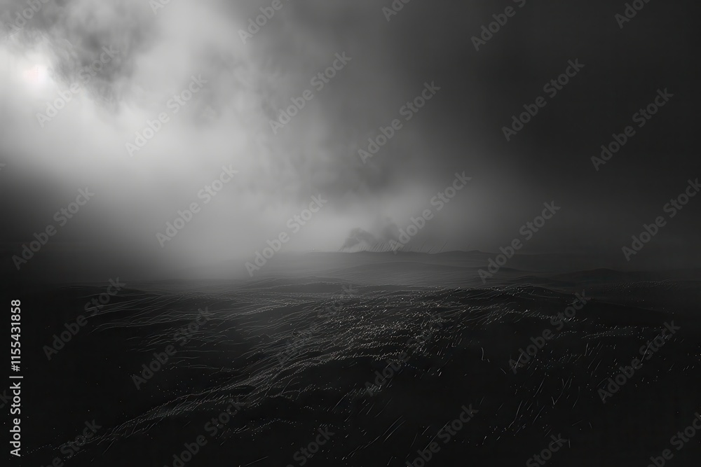 Poster misty forest landscape at dawn with dense fog and towering trees in a serene mountain setting