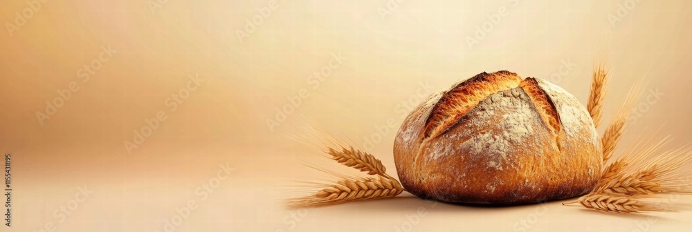 Leinwandbilder minimalist bread loaf on a soft background with space for text and wheat grains. generative ai