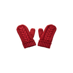 Red knitted winter mittens closeup made rom thick yarn isolated on transparent and white background 
 