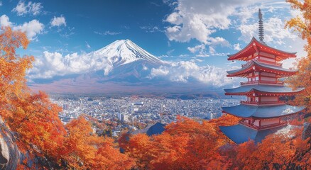 Serene Autumn Landscape with Vibrant Red Leaves, Majestic Mount Fuji, and Traditional Japanese Pagoda Set Against a Bright Blue Sky