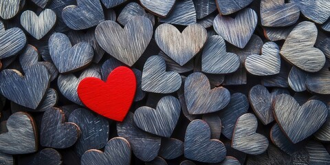 Red heart is in the middle of a pile of blue hearts